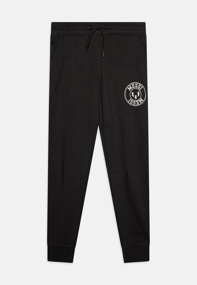 Zwarte joggingbroek van zachte stof, met een trekkoord in de taille, twee zijzakken en een cirkelvormig wit logo op de linker dij.