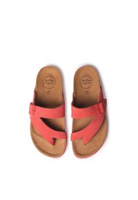 Red suede sandals with two crossed straps and a buckle on one strap. Soft brown cushioned footbed, size 37 marked on the insole.