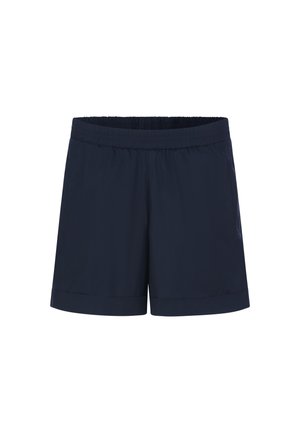 Marineblaue Shorts mit elastischem Bund, glatter Textur und gesäumtem Saum. Einfaches Design, keine sichtbaren Muster oder Akzente.