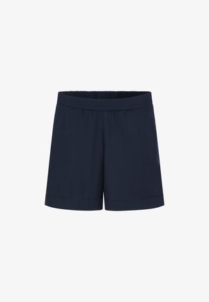 Pantalones cortos de cintura elástica en azul marino con una textura suave y un borde dobladillo. Diseño sencillo, sin patrones ni acentos visibles.