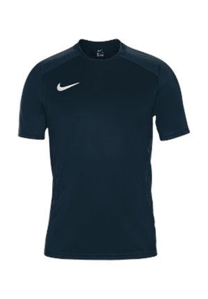 Ciemnogranatowa sportowa koszulka z krótkim rękawem, okrągłym dekoltem oraz białym logo Nike Swoosh na prawej piersi.