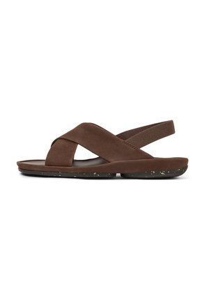 Braune Flip-Flop-Sandalen mit weichem, strukturiertem Obermaterial, Kreuzriemendesign und einer flexiblen Sohle mit gesprenkelten Akzenten.