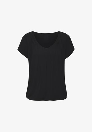 Melnas īsās piedurkņu blūze ar V veida kakla izgriezumu, kurai ir satraukti detalizējumi ap kakla izgriezumu un vaļīga, plūstoša auduma tekstūra.
