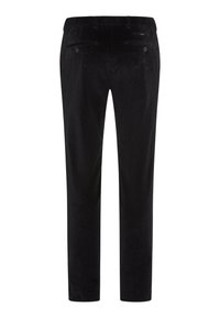 Zwarte corduroy broek met een recht model, voorzien van twee achterzakken en knoopsluitingen. De textuur is zacht met verticale ribbels.