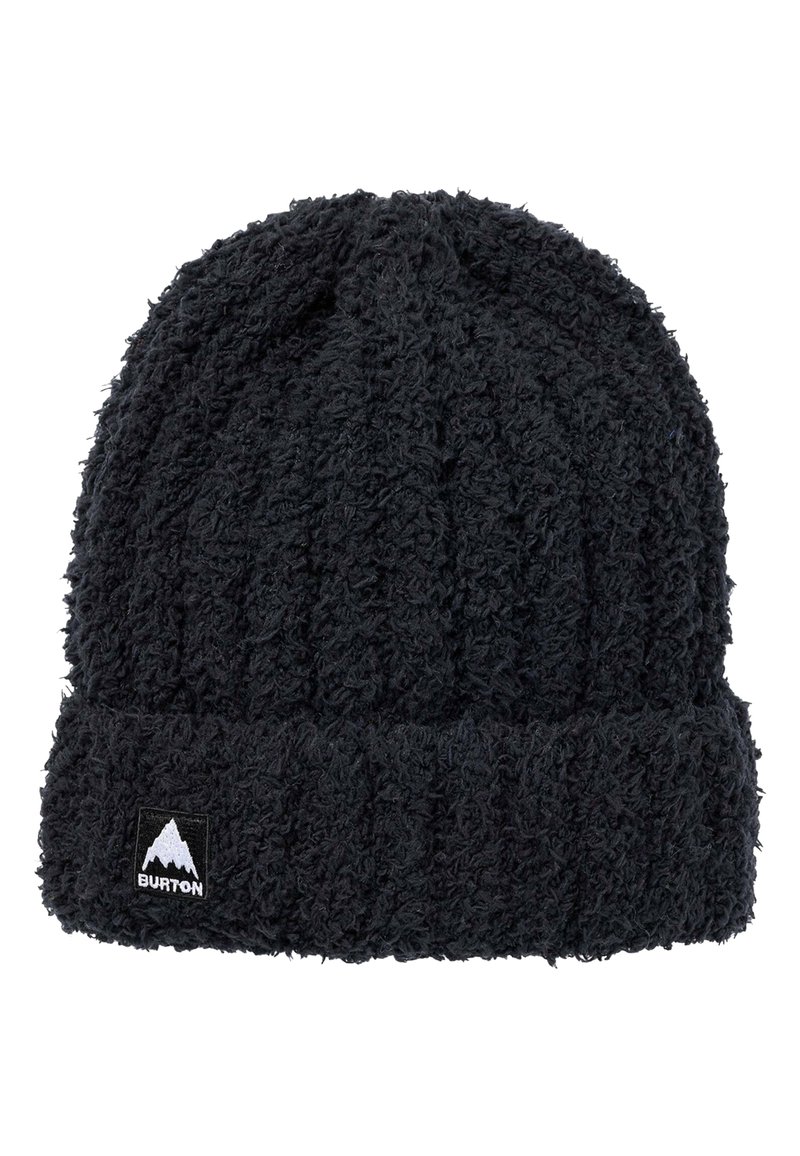 Black beanie hat made of textured, fuzzy material with a ribbed design. Features a folded cuff and a small white patch with a mountain logo.