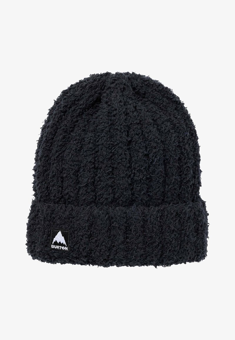 Črna kapa beanie iz teksturiranega, puhastega materiala z rebrastim dizajnom. Ima zložen rob in majhen bel znak z logotipom gore.