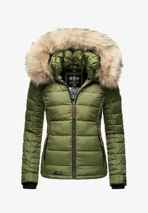 Veste matelassée vert olive avec une fermeture éclair frontale, des poches zippées, des poignets noirs et une grande capuche beige bordée de fourrure.
