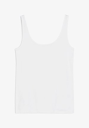 Biely bezrukávový top s okrúhlym výstrihom, vyrobený z hladkej, ľahkej tkaniny a s jednoduchým, minimalistickým dizajnom.