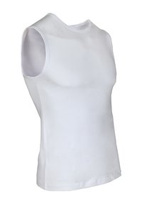 Witte mouwloze top, gemaakt van gladde stof. Heeft een ronde halslijn en een aansluitend ontwerp. Geen patronen of hardware zichtbaar.