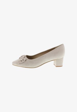 Beige suede pump with a pointed toe and a decorative bow at the front. Features a textured block heel for stability.
