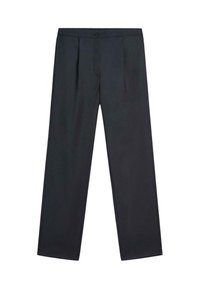Ušité černé kalhoty z hladké tkaniny s předním zapínáním na knoflík, dvěma záhyby a rovnými nohavicemi.