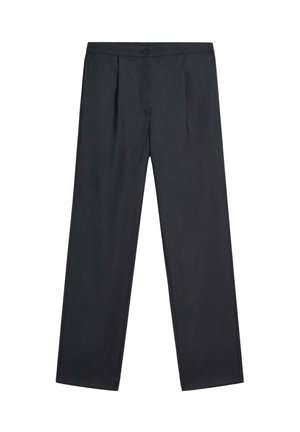 Tailored black trousers in a smooth fabric featuring a front button closure, two pleats, and a straight-leg design.