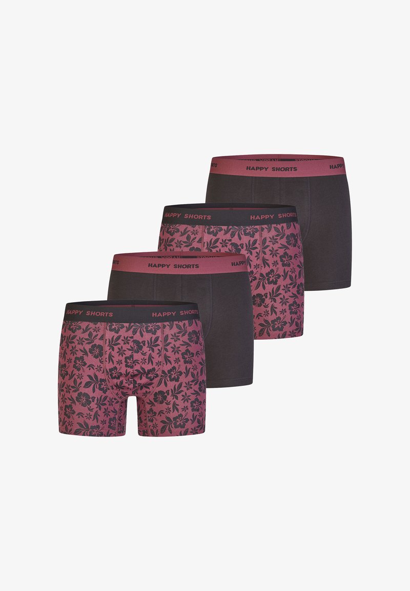 Čtyři páry boxerek s tmavou barevnou škálou. Dva mají květinový vzor na růžovém pozadí a dva jsou jednobarevné tmavě šedé.