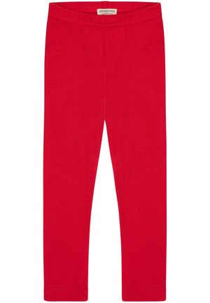 Rote Baumwollleggings mit einem dehnbaren Bund und schmalem Knöchellang. Glatte Textur, keine Muster oder sichtbaren Metallteile.