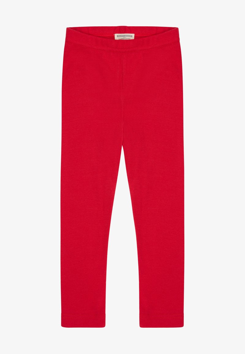 Rote Baumwollleggings mit einem dehnbaren Bund und schmalem Knöchellang. Glatte Textur, keine Muster oder sichtbaren Metallteile.