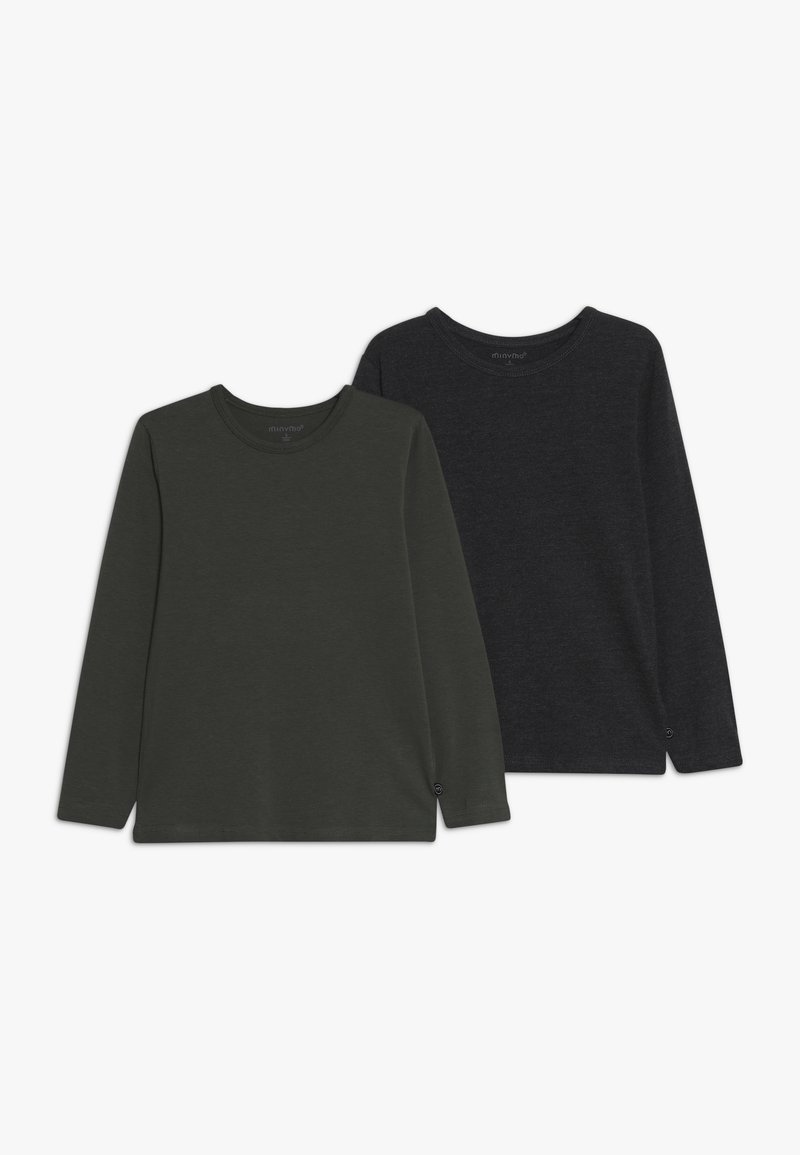 Zwei langärmlige T-Shirts: eines in dunkelgrün und das andere in dunkelgrau. Beide haben einen runden Halsausschnitt und Knopfakzente an den Ärmeln. Weicher Stoff.