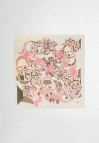 Multifarvet tørklæde med blomsterformer i nuancer af pink, brunt og beige, samt abstrakte former og logo accenter. Fyrkantet design.