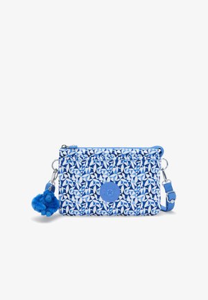 Blue patterned pouch with a zipper closure, featuring a textured fabric and a blue pom-pom charm attached.