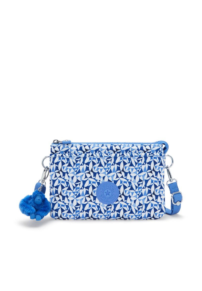 Sacchetto blu con motivo, dotato di chiusura a zip, caratterizzato da un tessuto testurizzato e con un ciondolo pom-pom blu attaccato.