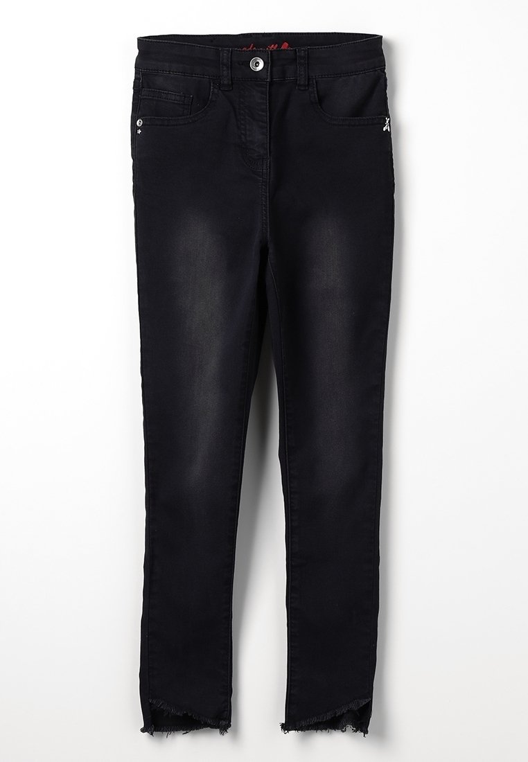 Czarne dżinsy z denimu z pięcioma kieszeniami, z postrzępionym wykończeniem na dole i metalowym zapięciem na guziki. Gładka tekstura i dopasowany krój slim fit.