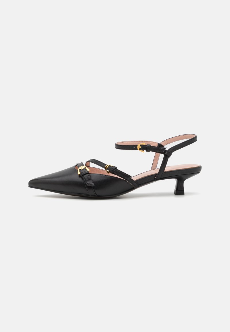 Sorte læder slingback-sko med spids tå og lav hæl, der har guldhardware-accenter og justerbare remme.