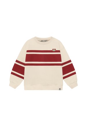 Kremfarvet sweatshirt med lange ærmer med brede røde vandrette striber over bryst og ærmer samt et lille grønt og rødt logo på brystet.
