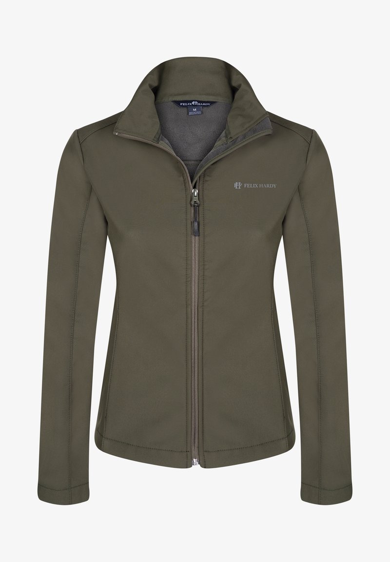 Veste zippée vert olive avec manches longues, col montant et logo "Felix Hardy" sur la poitrine gauche, taille M.