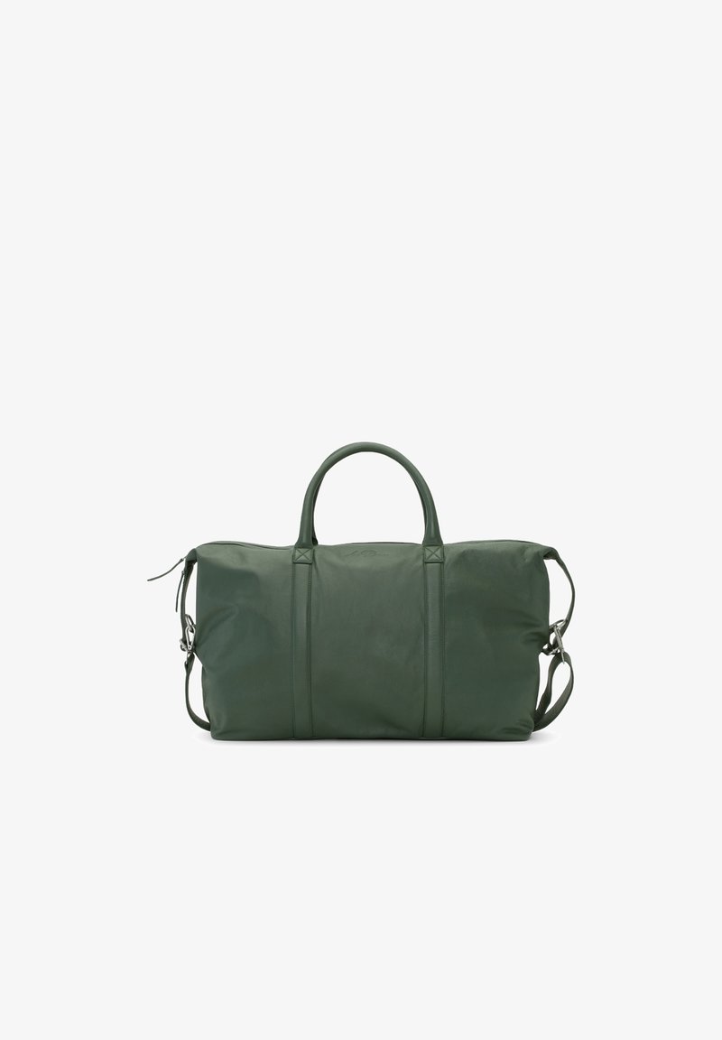 Grand sac de sport vert foncé avec double poignées et bandoulière réglable, montré sur fond blanc.