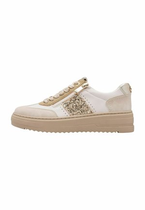 Baskets blanches et beiges avec semelle beige, détail pailleté sur le côté, lacets beiges et fermeture éclair latérale sur fond blanc.