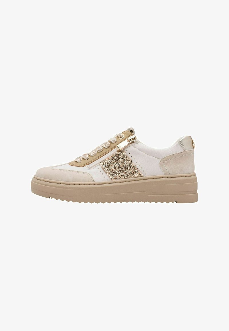 Baskets blanches et beiges avec semelle beige, détail pailleté sur le côté, lacets beiges et fermeture éclair latérale sur fond blanc.