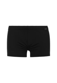 Schwarze Badehosen aus dehnbarem Material, mit einer glatten Textur, einer figurbetonten Passform und einem einfachen Bund mit minimalem Branding.