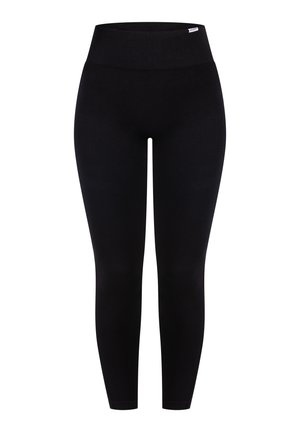 Leggings neri con vita alta, realizzati in materiale elasticizzato. Presentano una texture liscia e una silhouette aderente senza motivi.