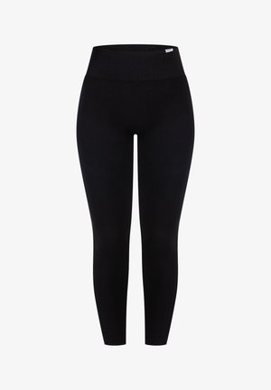 Leggings neri con vita alta, realizzati in materiale elasticizzato. Presentano una texture liscia e una silhouette aderente senza motivi.