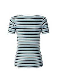 Light blue short-sleeve ribbed shirt with horizontal black, navy, and white stripes, shown from the back on a white background.
