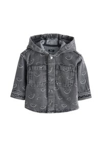 Giacca di jeans grigia con cappuccio, caratterizzata da un delicato motivo a faccina sorridente, due tasche frontali e chiusura con bottoni a pressione.