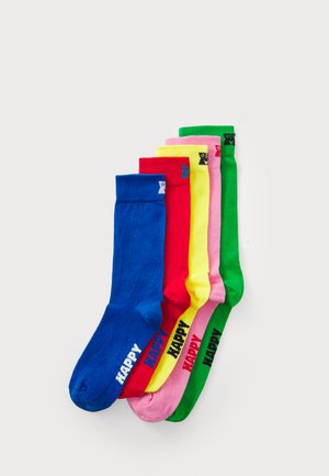 Sechs Paar Socken in Blau, Rot, Gelb, Pink und Grün, mit gerippter Textur und "HAPPY" in kontrastierenden Farben bestickt.