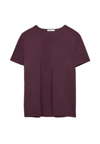 T-shirt a maniche corte con scollo rotondo in un profondo borgogna, mostrato in piano su uno sfondo bianco.