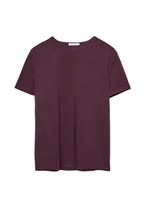 Einfache T-Shirt mit kurzen Ärmeln und Rundhalsausschnitt in tiefem Burgunderrot, flach auf einem weißen Hintergrund präsentiert.