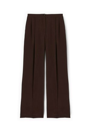 Pantalones marrón oscuro de tiro alto y pernera ancha con pliegues frontales, cierre de un solo botón y cremallera en la bragueta.