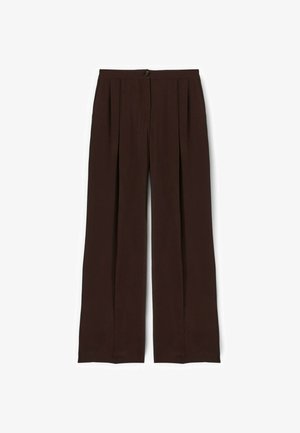Dunkelbraune, hoch taillierte, weit geschnittene Hose mit Vorderfalten, einem einzelnen Knopfverschluss und einem Reißverschluss vorne.