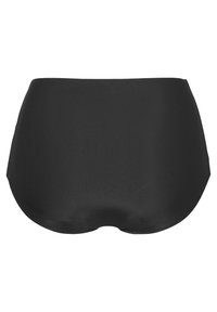 Högmidjad svart badbyxa i mjukt tyg, med en enfärgad design utan mönster eller detaljer, avsedd för täckning och komfort.