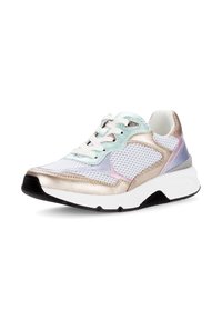 Sneakers der kombinerer mesh og metalliske materialer, i pastelfarver med indslag af guld, en polstret hvid sål og traditionelle snørebånd.