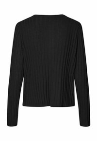 Black ribbed sweater with long sleeves and a round neckline, featuring a textured fabric and an open back design.