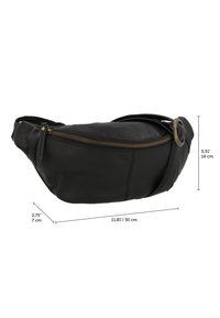 Schwarze Leder-Gürteltasche mit goldenem Reißverschluss, verstellbarem Riemen und Metallschnalle, Maße 30 cm x 14 cm x 7 cm.