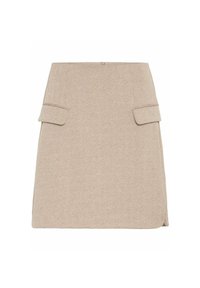 Falda de espiga beige con dos bolsillos frontales, silueta estructurada y corte recto. El material parece texturizado y cálido.