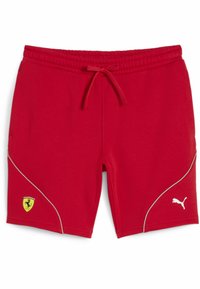 Czerwone szorty sportowe wykonane z mieszanki bawełny z elastycznym pasem, sznureczkiem i białymi akcentami. Na przodzie znajdują się loga Ferrari i Pumy.