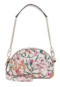 Sac bandoulière floral avec une forme arrondie, fabriqué en tissu à motifs arborant des fleurs roses et vertes. Attachés avec une chaîne et une sangle en cuir.