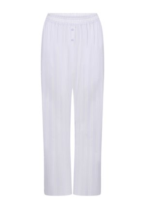 Weiße Schlafanzughose mit vertikalen Streifen, elastischem Bund und zwei Knöpfen vorne. Der Stoff wirkt glatt mit leichter Textur.