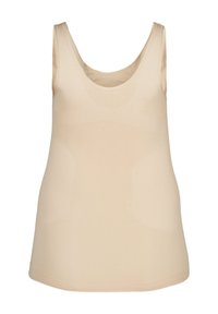 Nahtloses beiges Shaping-Top mit breiten Trägern, rundem Ausschnitt und gerippten Kompressionspaneelen zur Unterstützung von Taille und Brust.