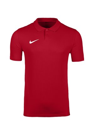 Czerwona koszulka polo z krótkim rękawem, dwoma guzikami i białym logo Nike swoosh po prawej stronie klatki piersiowej.